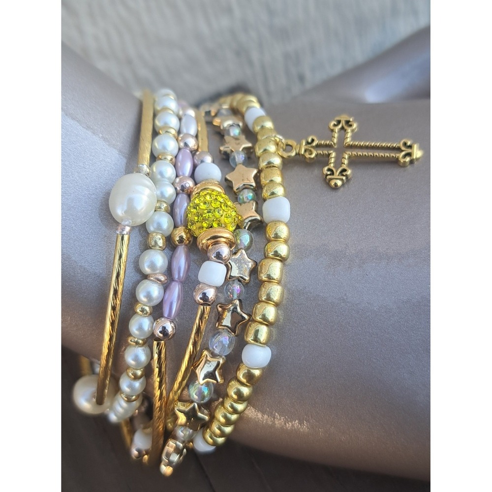 Pearl and Cross Charm Bracelet Set, 6pc